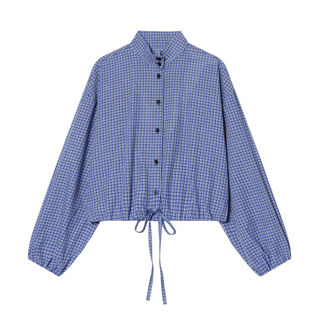 Damen Kariertes Kurzhemd mit Stehkragen, Kordelzug und Ballonärmeln Nord Taschen