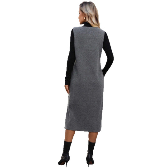 Damen Ärmelloses Wollmix-Midikleid mit tiefem V‑Ausschnitt und geradem Schnitt Nord Taschen