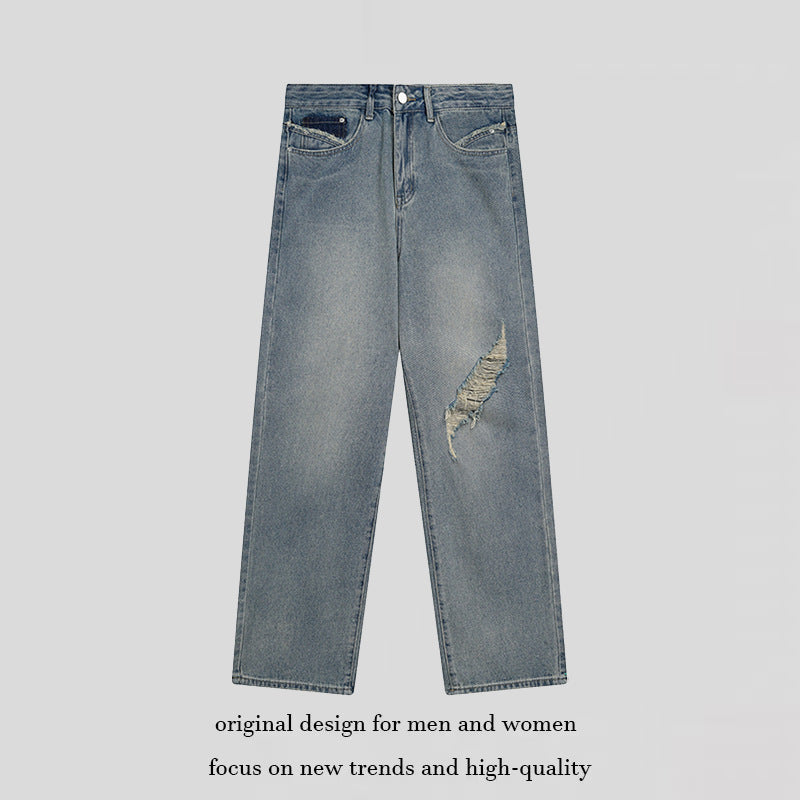 Damen Weite hochgeschnittene Denim-Jeans mit geradem Bein und Destroyed-Detail Nord Taschen