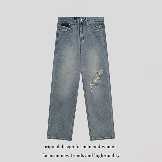 Damen Weite hochgeschnittene Denim-Jeans mit geradem Bein und Destroyed-Detail Nord Taschen