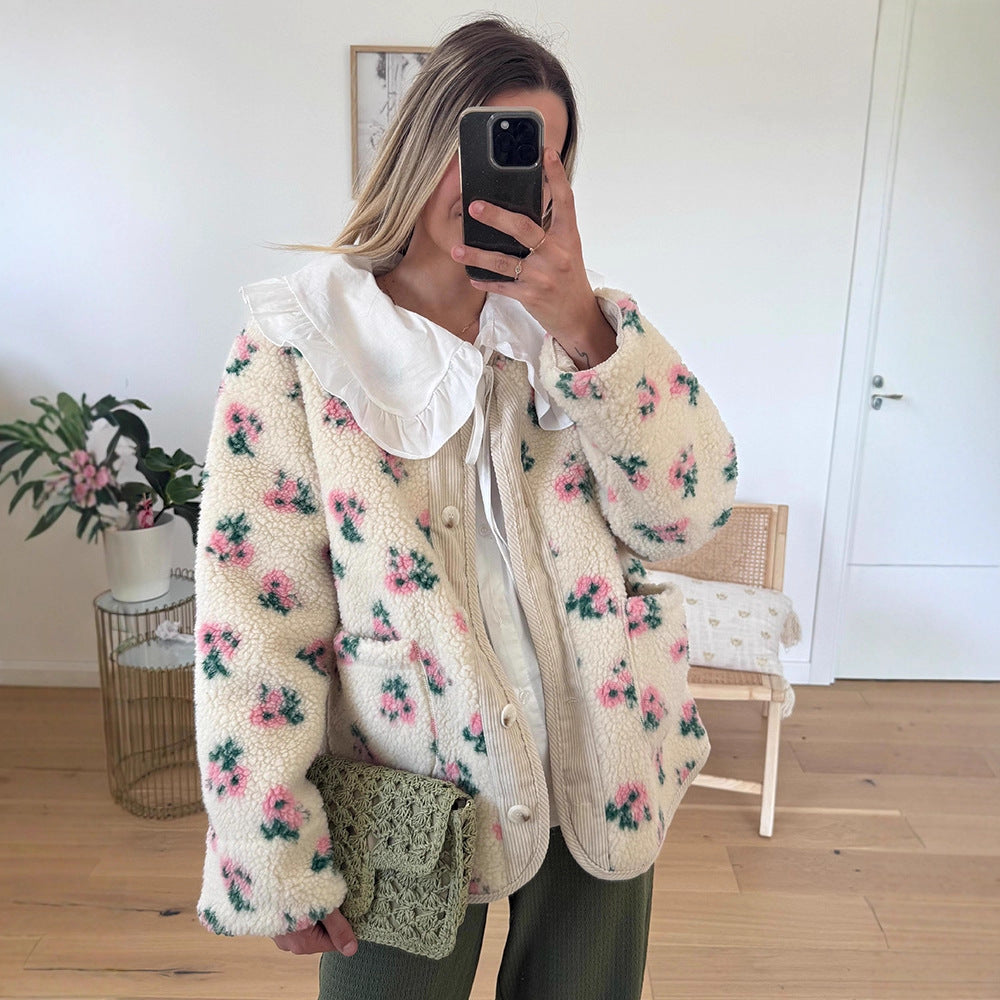 Damen Teddy-Fleecejacke mit Blumendruck, Cordleiste, Pattentaschen und übergroßem Spitzenkragen Nord Taschen