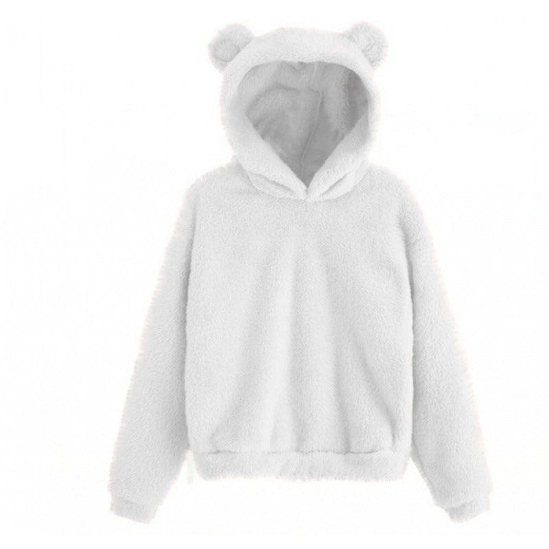 Damen Kuscheliger Teddy-Kapuzenpullover mit Bärenohren und Gummizugsaum Nord Taschen