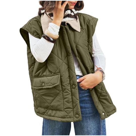 Damen Oversize Steppweste mit Druckknopf-Taschen und hohem Kragen Nord Taschen