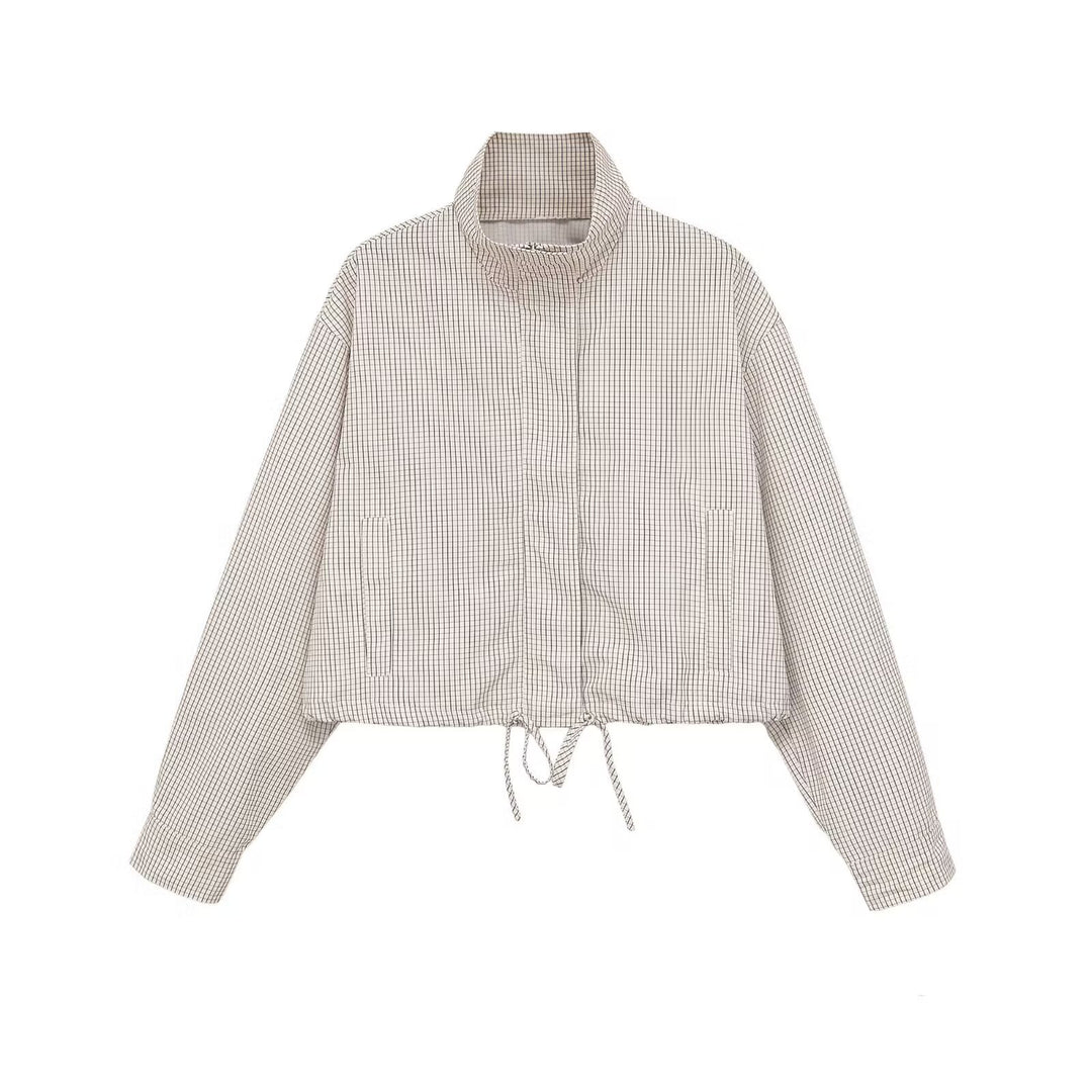 Damen Karierte Cropped-Jacke mit Stehkragen, Tunnelzug und verdecktem Reißverschluss Nord Taschen
