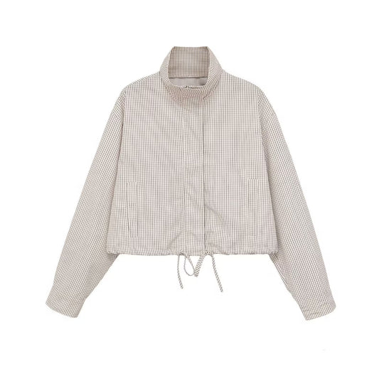 Damen Karierte Cropped-Jacke mit Stehkragen, Tunnelzug und verdecktem Reißverschluss Nord Taschen