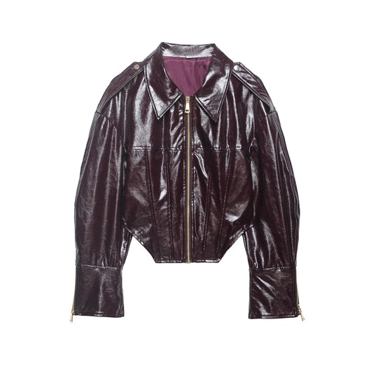 Damen kurzes glänzendes Biker-Blouson in Lederoptik mit betonter Schulterpartie Nord Taschen