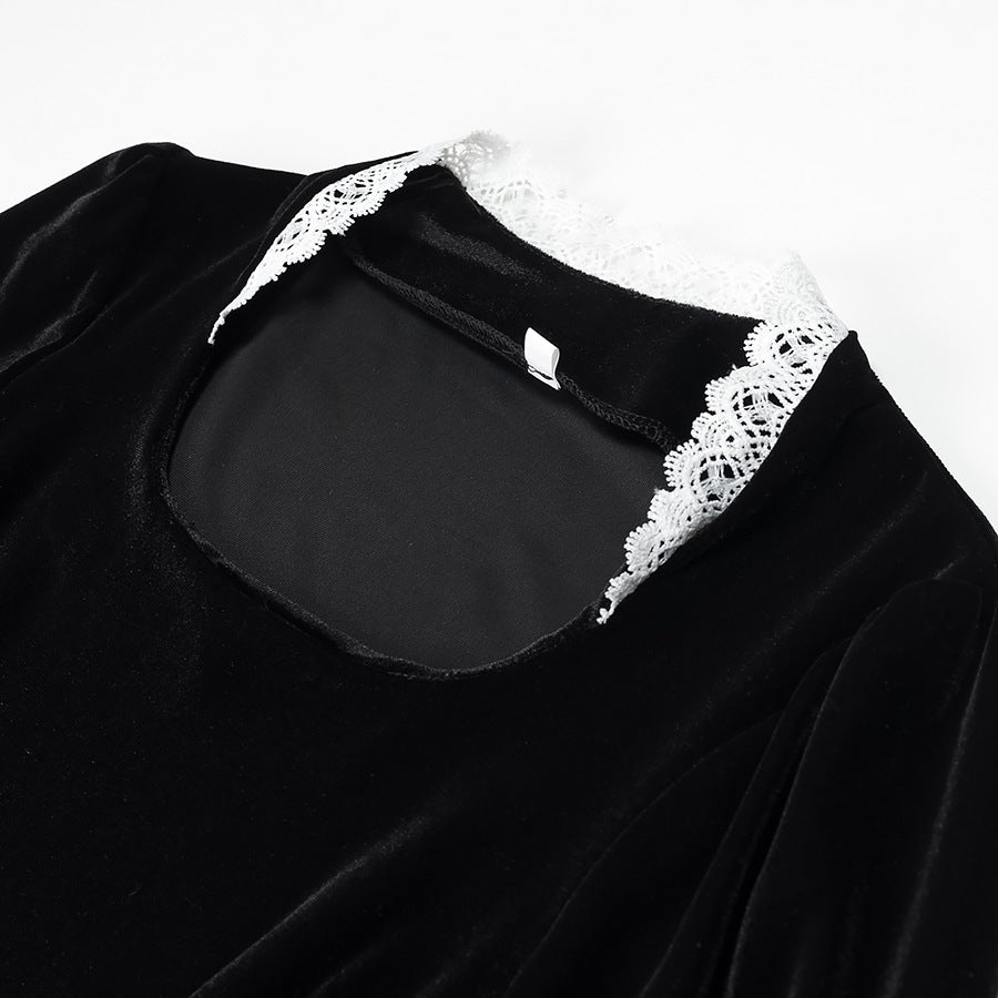 Damen Maxikleid aus Samt mit quadratischem Ausschnitt, Puffärmeln und Spitzenbesatz Nord Taschen