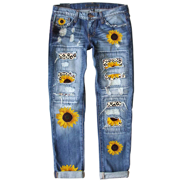 Damen verwaschene schmale Jeans mit Leopardenpatches und Glitzerbesatz Nord Taschen