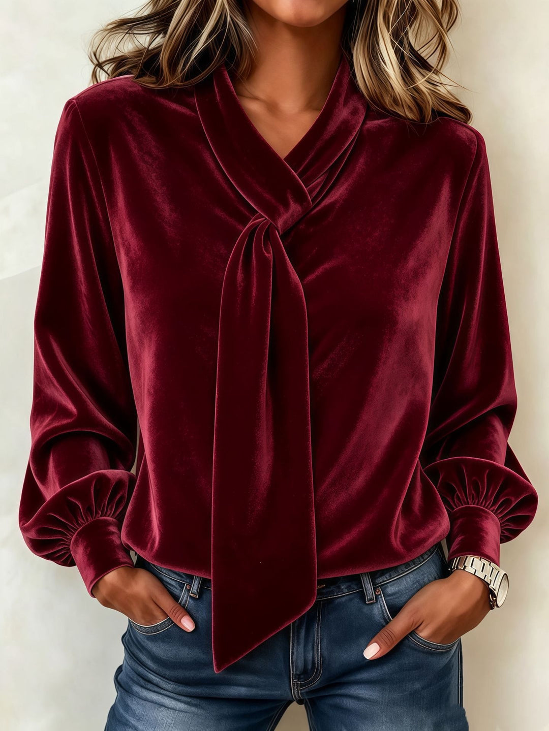 Damen Samtbluse mit Schluppe, Ballonärmeln und gerafften Manschetten Nord Taschen