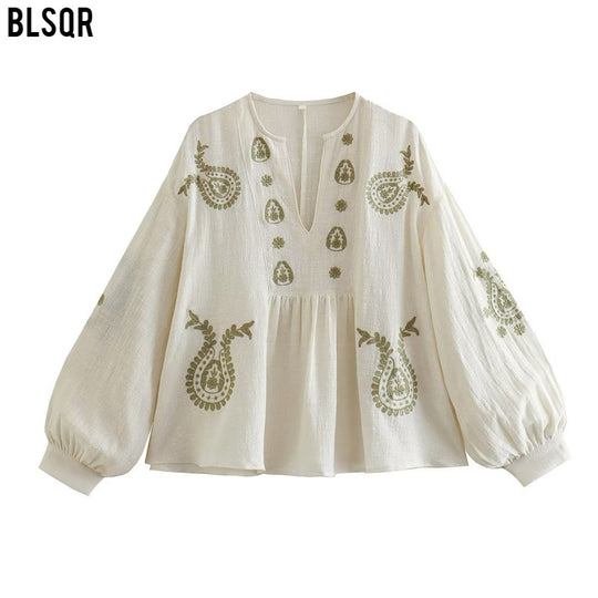 Damen bestickte Baumwoll-Tunika mit weitem Fall, Paisley-Motiven und Ballonärmeln Nord Taschen
