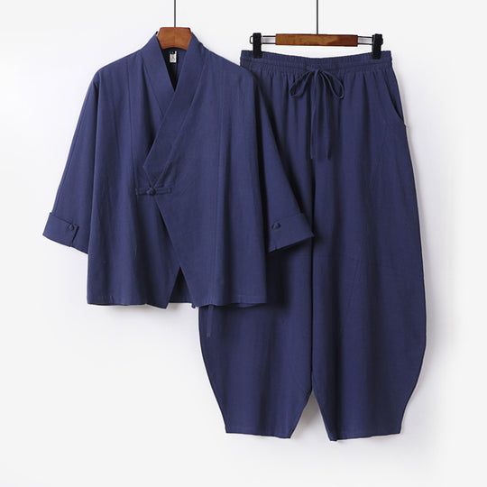 Herren Minimalistisches Kimono-Lounge-Set aus atmungsaktivem Baumwollmix mit ballonförmiger Bundhose Nord Taschen