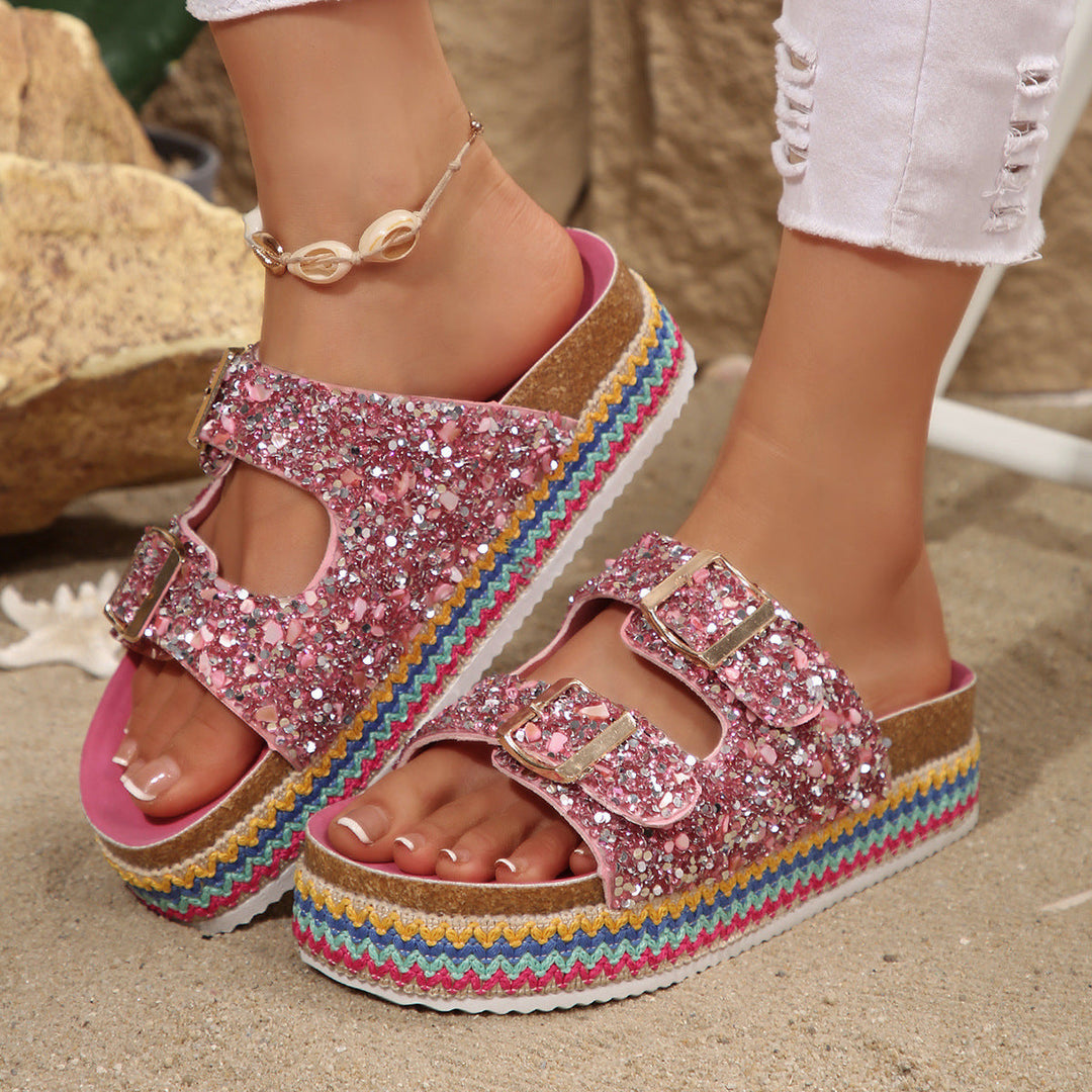 Damen Glitzernde Plateau-Sandalen mit Doppelschnalle und mehrfarbigem Boden