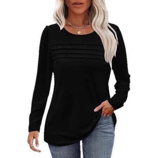 Damen Feines Langarmshirt mit Rundhalsausschnitt, dekorativen Kellerfalten und leicht taillierter A‑Linie Nord Taschen