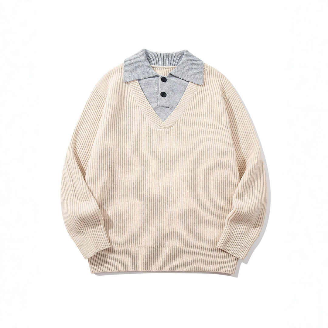 Herren Gerippter Strickpullover mit Polokragen‑Einsatz und tiefem V‑Ausschnitt Nord Taschen