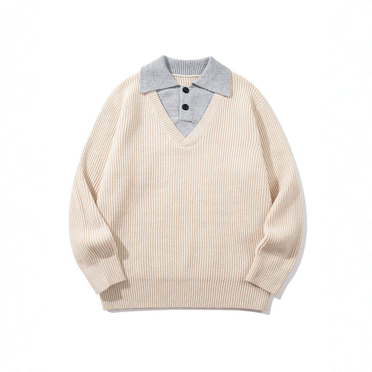 Herren Gerippter Strickpullover mit Polokragen‑Einsatz und tiefem V‑Ausschnitt Nord Taschen
