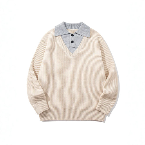 Herren Gerippter Strickpullover mit Polokragen‑Einsatz und tiefem V‑Ausschnitt Nord Taschen