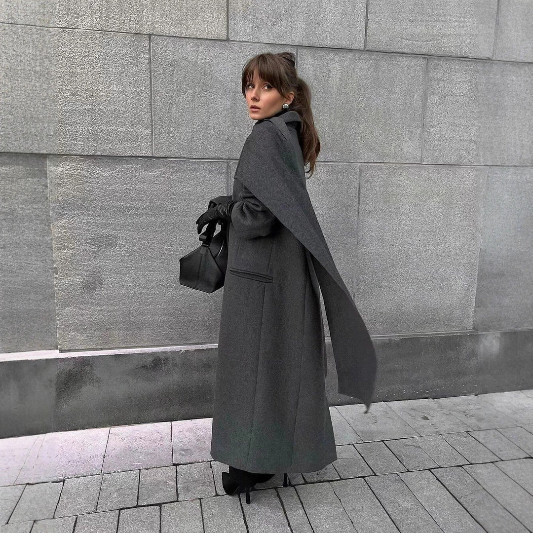 Damen Maxilanger Wollmix-Mantel mit integriertem Loop-Schal und cleanem Revers Nord Taschen