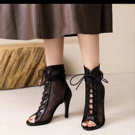 Damen Schnür-Stiletto-Sandalen mit Mesh-Einsatz und eleganter Schnallenverzierung Nord Taschen