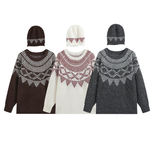 Damen Oversize Norweger‑Strickpullover mit Rundhalsausschnitt und passender Strickmütze Nord Taschen