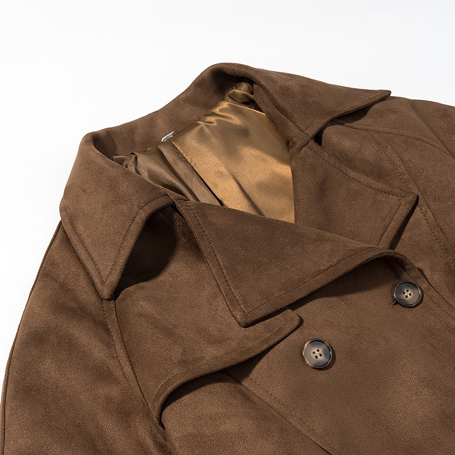 Damen Kurz-Trenchcoat in Wolloptik Doppelreiher mit Taillengürtel Nord Taschen