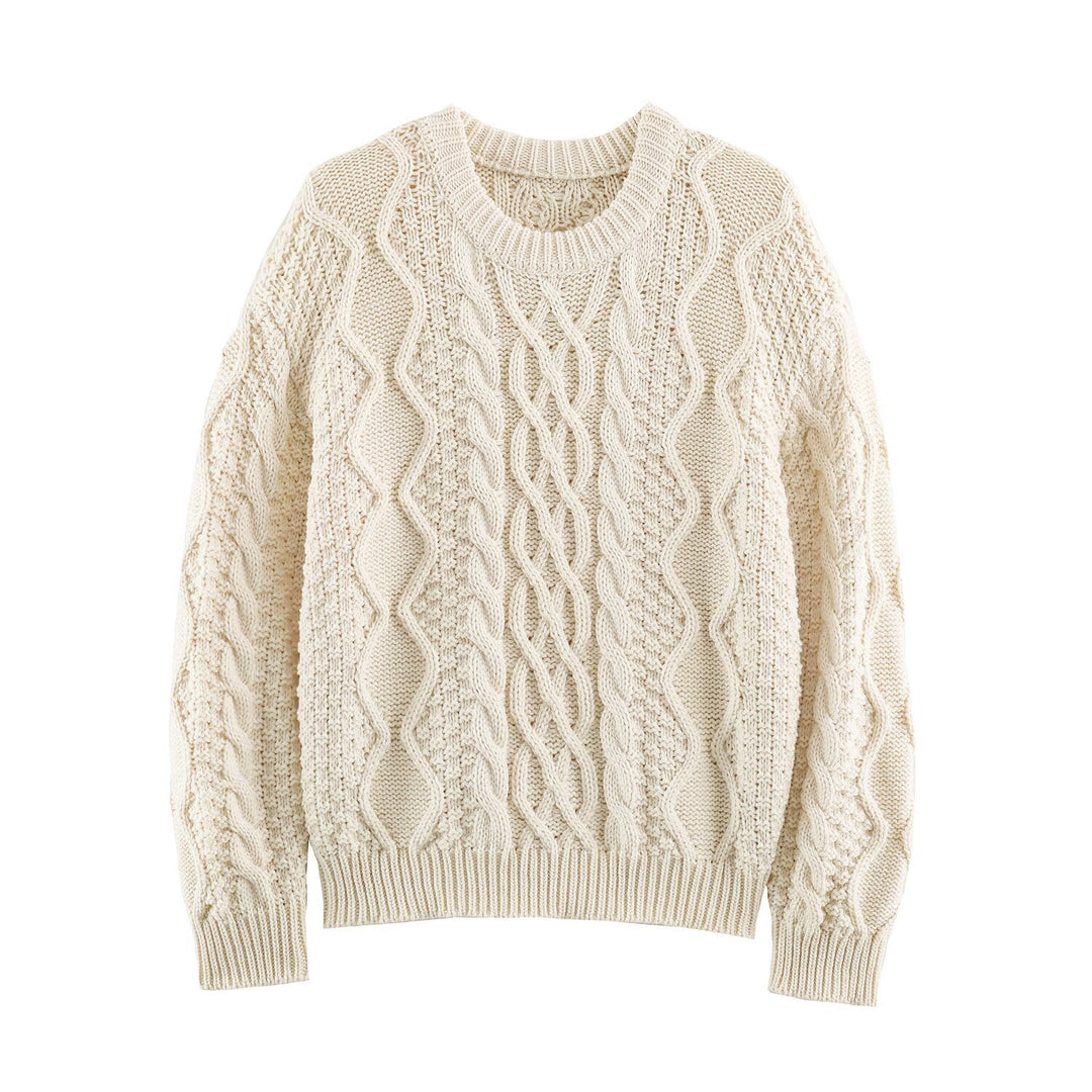 Damen Grobgestrickter Zopfstrick-Pullover mit Rundhals und Textur-Mix Nord Taschen