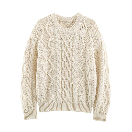 Damen Grobgestrickter Zopfstrick-Pullover mit Rundhals und Textur-Mix Nord Taschen