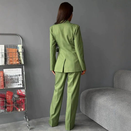 Damen Taillierter Blazer‑Mantel mit Bindegürtel und weiten Anzughosen Nord Taschen