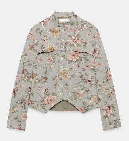 Damen Cropped gesteppte Blousonjacke mit botanischem Blumenprint und Mandarin‑Stehkragen Nord Taschen