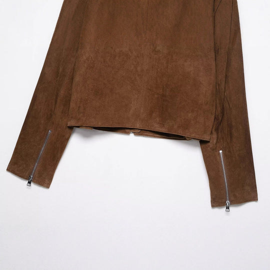 Damen Cropped Velourslederjacke mit Hemdkragen, Reißverschluss und Zipp-Taschen Nord Taschen