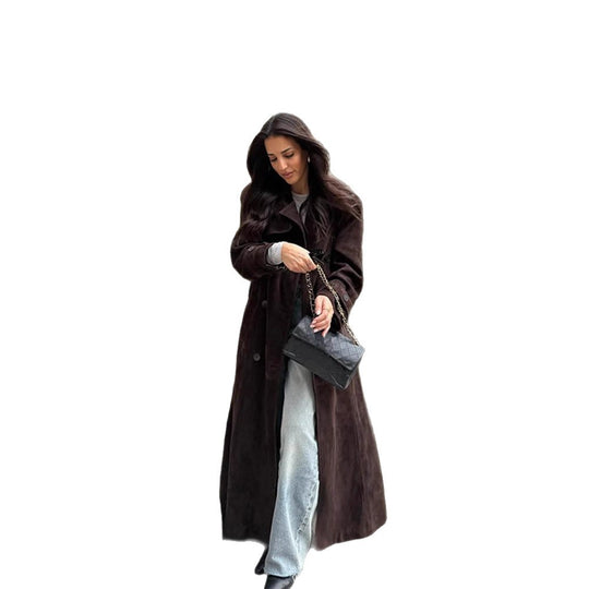 Damen Langer Velours-Trenchcoat mit Bindegürtel und Reverskragen Nord Taschen