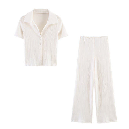 Damen Zweiteiliges Feinstrick-Set mit Kurzarm-Polokragen-Top und High‑Waist Weitbein‑Hose Nord Taschen