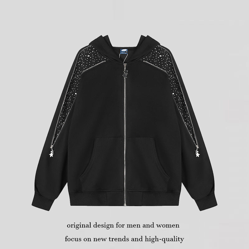 Damen Kapuzen‑Sweatjacke mit Zierstein‑Schulterpaneel, Stern‑Zipper und Oversize‑Silhouette Nord Taschen