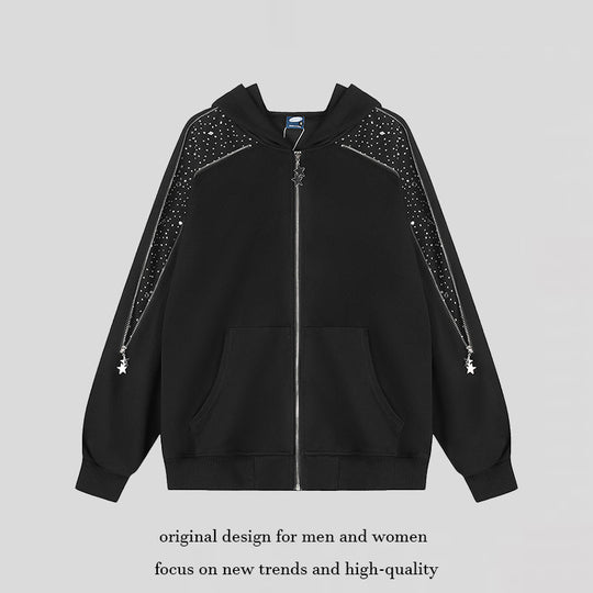 Damen Kapuzen‑Sweatjacke mit Zierstein‑Schulterpaneel, Stern‑Zipper und Oversize‑Silhouette Nord Taschen