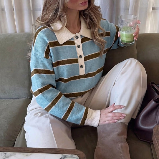 Damen Gestreifter Polo-Strickpullover mit Henley-Knopfleiste und überschnittener Schulter Nord Taschen