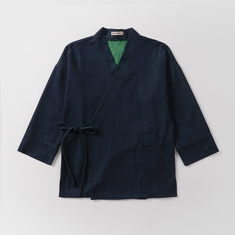 Unisex Leichte Wickel-Kimono-Jacke aus Leinen-Baumwollmix mit Kontrastbesatz und Bindegürtel Nord Taschen