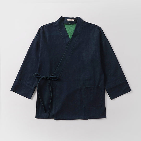 Unisex Leichte Wickel-Kimono-Jacke aus Leinen-Baumwollmix mit Kontrastbesatz und Bindegürtel Nord Taschen