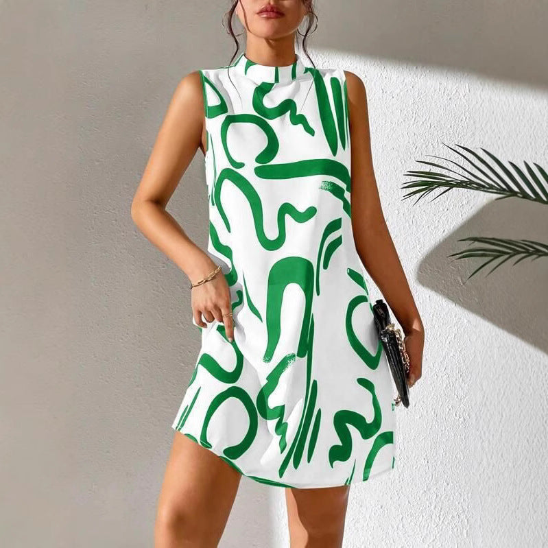 Damen A-linien Minikleid mit modernem grafischem Muster und Stehkragen