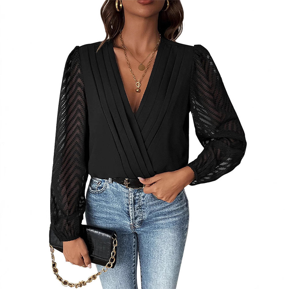 Damen Elegante Wickelbluse mit plissiertem V-Ausschnitt und transparenten Chevron-Ärmeln Nord Taschen