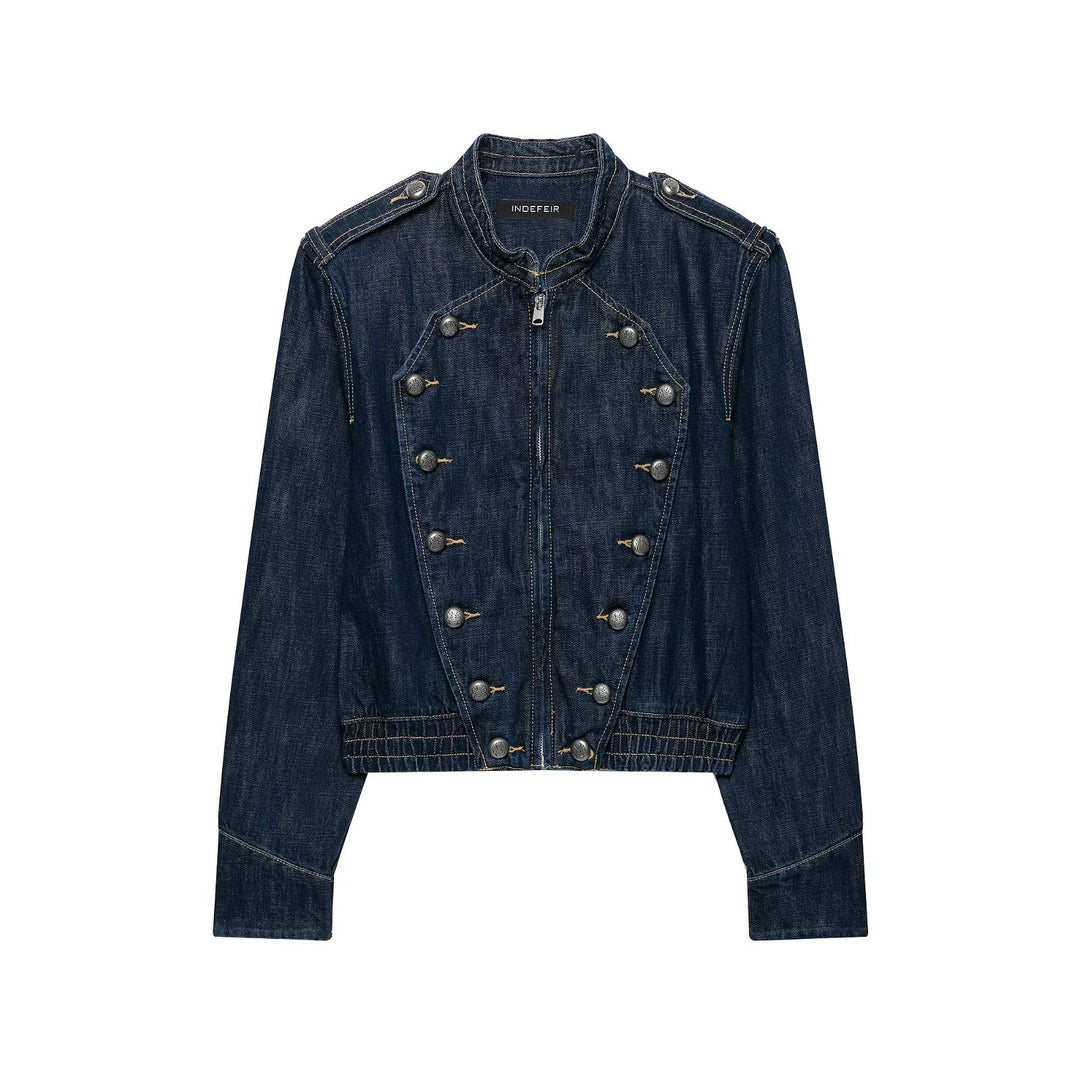 Damen Cropped Denim-Fieldjacke mit dekorischer Doppelreihe und Stehkragen Nord Taschen
