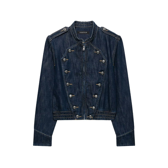 Damen Cropped Denim-Fieldjacke mit dekorischer Doppelreihe und Stehkragen Nord Taschen