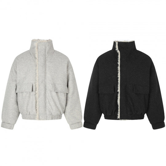 Damen Kurzer Wollmix‑Blouson im Flight‑Style mit Teddyfutter und aufgesetzten Pattentaschen Nord Taschen