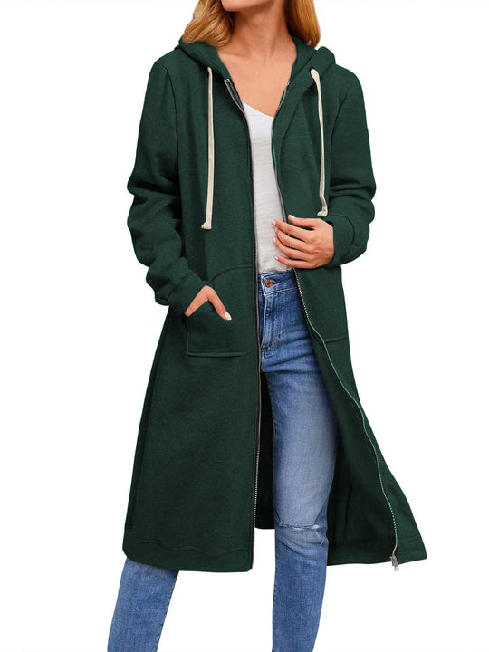 Damen lange Kapuzenjacke mit Reißverschluss und praktischen Taschen