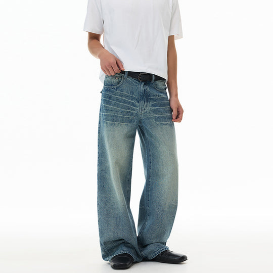 Herren Ultraweit geschnittene Denim-Baggy-Jeans mit markanten Whisker-Akzenten und bodenlangem Saum Nord Taschen