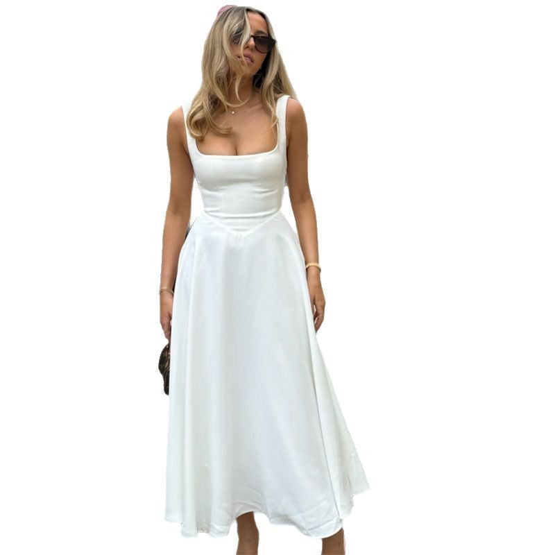 Damen Elegantes Maxikleid mit quadratischem Ausschnitt und fließendem Rock