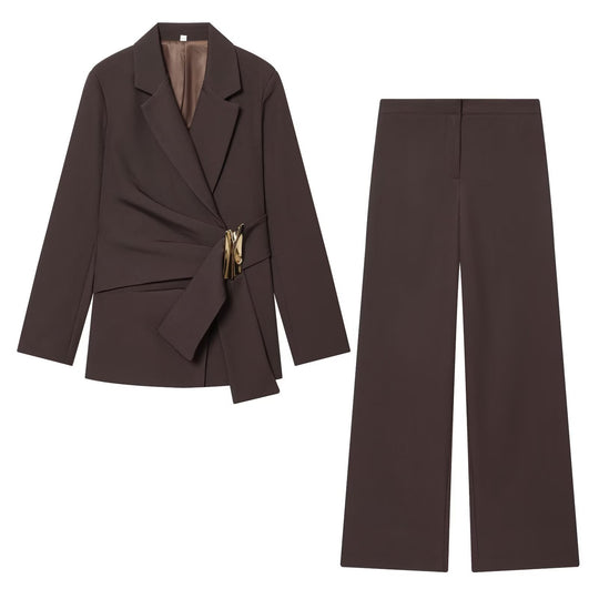 Damen Zweiteiliges Wickelblazer- und Palazzo-Anzugset mit Ziergürtel Nord Taschen