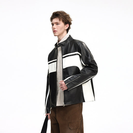 Herren Kontrast-Kunstleder-Bikerjacke mit Stehkragen und Zip-Ärmeln Nord Taschen