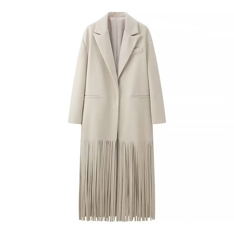 Damen Langmantel mit langem Fransen‑Saum, kastiger Oversize‑Silhouette und Reverskragen Nord Taschen
