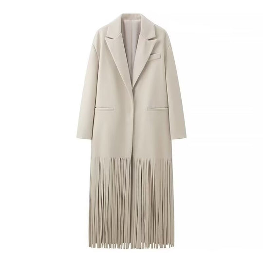 Damen Langmantel mit langem Fransen‑Saum, kastiger Oversize‑Silhouette und Reverskragen Nord Taschen
