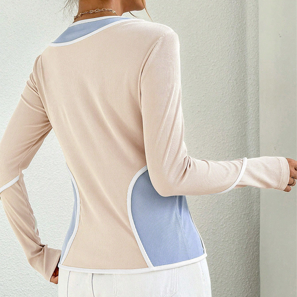 Damen figurbetontes Colorblock-Longsleeve mit Rundhalsausschnitt geschwungener Seitenpaneel‑Optik und feiner Rippstruktur Nord Taschen
