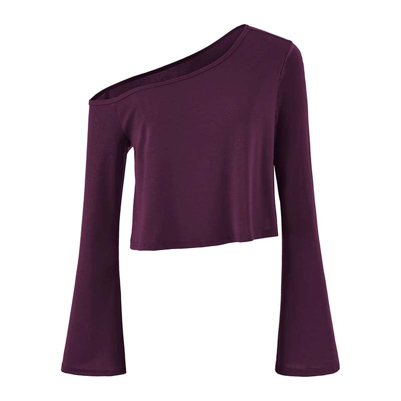 Damen Cropped Off-Shoulder Longsleeve mit ausgestellten Trompetenärmeln aus Jersey Nord Taschen